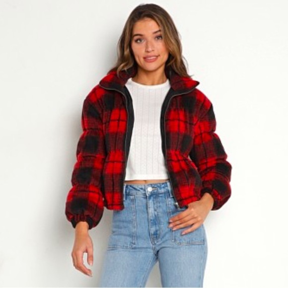 BB Dakota Everlong Jacket Plaid Red Black Lumberjack Winter Coat Puffer Gingham - Picture 5 of 14